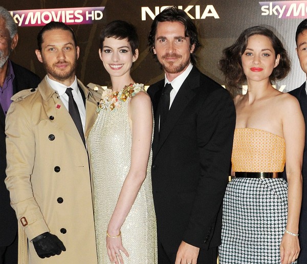 Photo: Christian Bale, Anne Hathaway, Marion Cotillard and Tom Hardy at event of The Dark Knight Rises