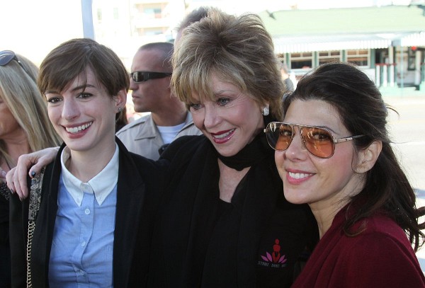 Photo: Anne Hathaway, Jane Fonda and Marisa Tomei attend the kick-off for One Billion Rising in West Hollywood on February 14, 2013 in West Hollywood, California.
