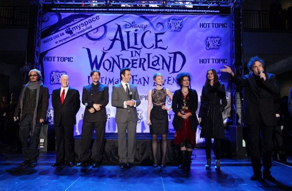 Johnny Depp, Helena Bonham Carter, Tim Burton, Crispin Glover, Anne Hathaway, Matt Lucas, Michael Sheen and Mia Wasikowska at event of Alice in Wonderland