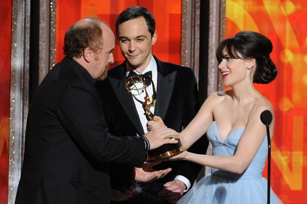 Louis C.K., Zooey Deschanel and Jim Parsons at event of The 64th Primetime Emmy Awards