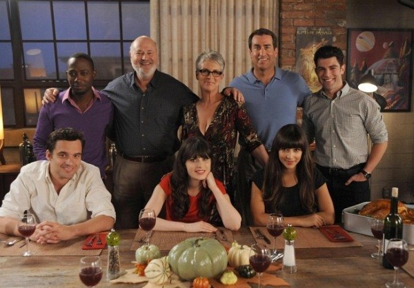 Still of Jamie Lee Curtis, Rob Reiner, Zooey Deschanel, Max Greenfield, Rob Riggle, Hannah Simone and Lamorne Morris in New Girl