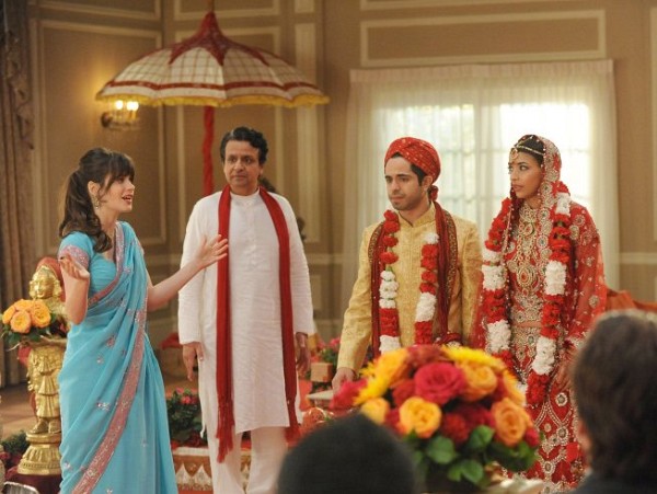 Still of Zooey Deschanel, Ajay Mehta, Satya Bhabha and Hannah Simone in New Girl