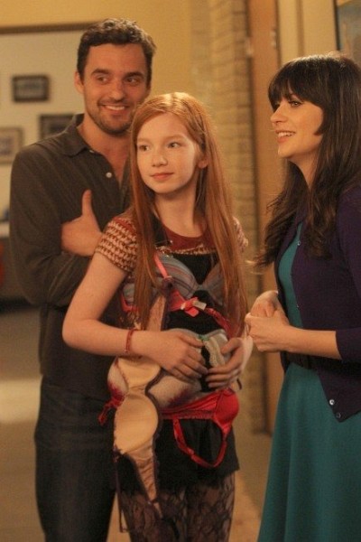 Still of Zooey Deschanel, Jake Johnson and Annalise Basso in New Girl