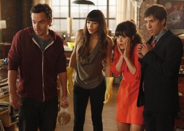Still of Zooey Deschanel, Justin Long, Hannah Simone and Jake Johnson in New Girl