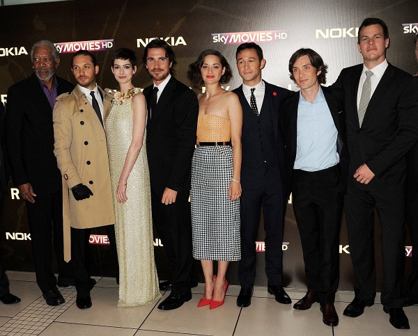 Morgan Freeman, Christian Bale, Anne Hathaway, Joseph Gordon-Levitt, Tom Hardy, Cillian Murphy and Jonathan Nolan at event of The Dark Knight Rises