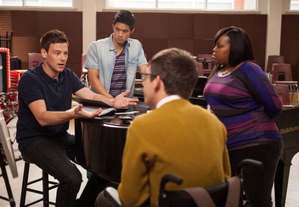 Still of Beth Dubber, Harry Shum Jr., Cory Monteith and Amber Riley in Glee