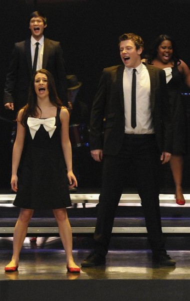 Still of Lea Michele, Cory Monteith and Amber Riley in Glee