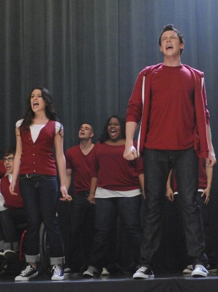 Still of Lea Michele, Mark Salling, Cory Monteith and Amber Riley in Glee
