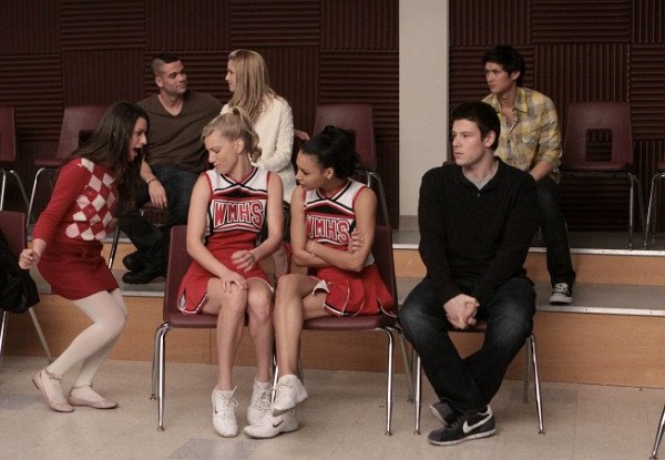 Still of Lea Michele, Naya Rivera, Mark Salling, Cory Monteith and Dianna Agron in Glee