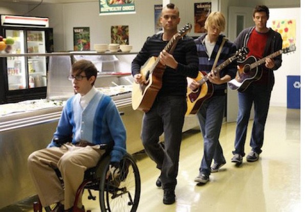 Still of Mark Salling, Cory Monteith, Kevin McHale and Chord Overstreet in Glee