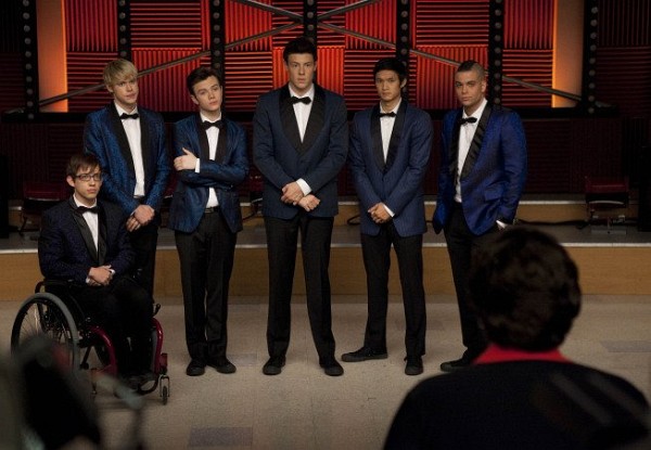 Still of Mark Salling, Harry Shum Jr., Cory Monteith, Chris Colfer and Chord Overstreet in Glee