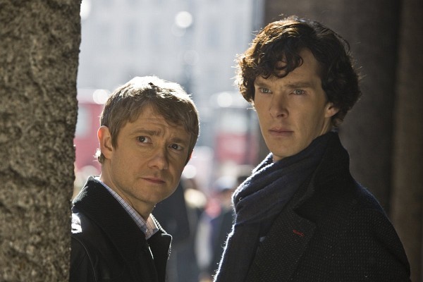 Still of Martin Freeman and Benedict Cumberbatch in Sherlock