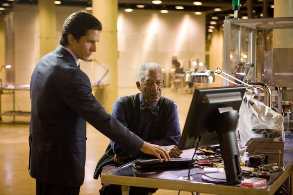 Still of Morgan Freeman and Christian Bale in The Dark Knight